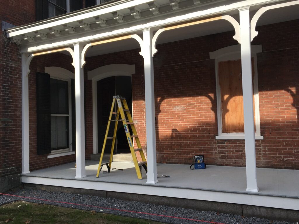The nearly finished porch of the Burrell House